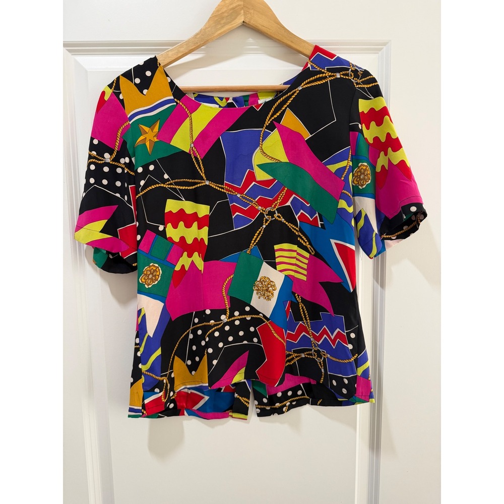 Dana Buchman Blouse Womens 6 Silk Flag Nautical Geometric Print Excellent